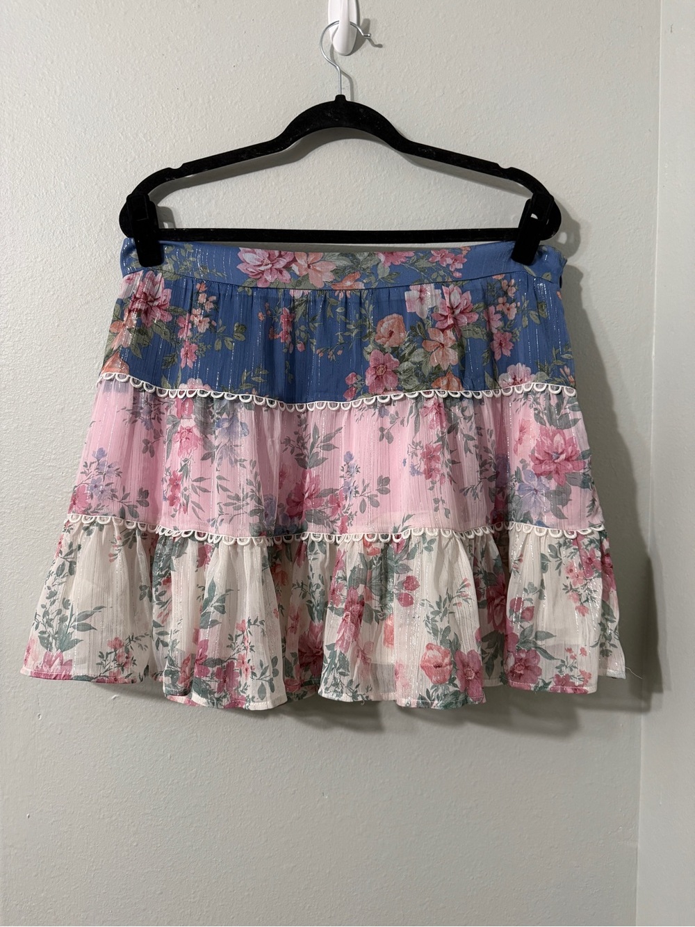 Whimsical Fairycore Floral Tiered Mini Skirt Cute Lace & Sparkle Accents XXL
